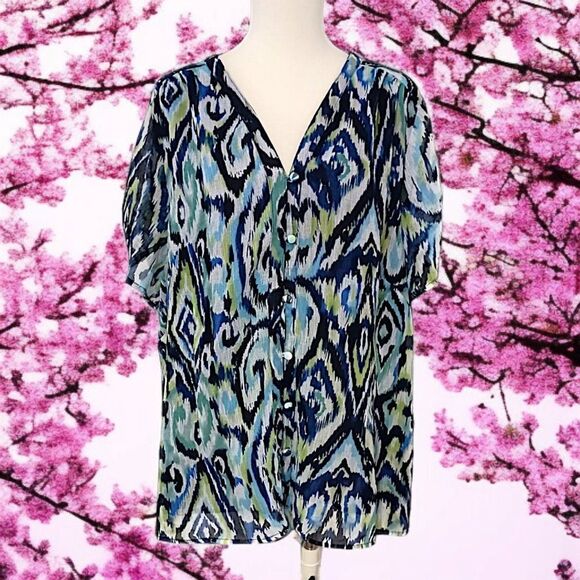 AVENUE Plus Size 2X 18 20 Button Down Blouse Ikat Short Shirred Sleeve Sheer - Picture 1 of 16